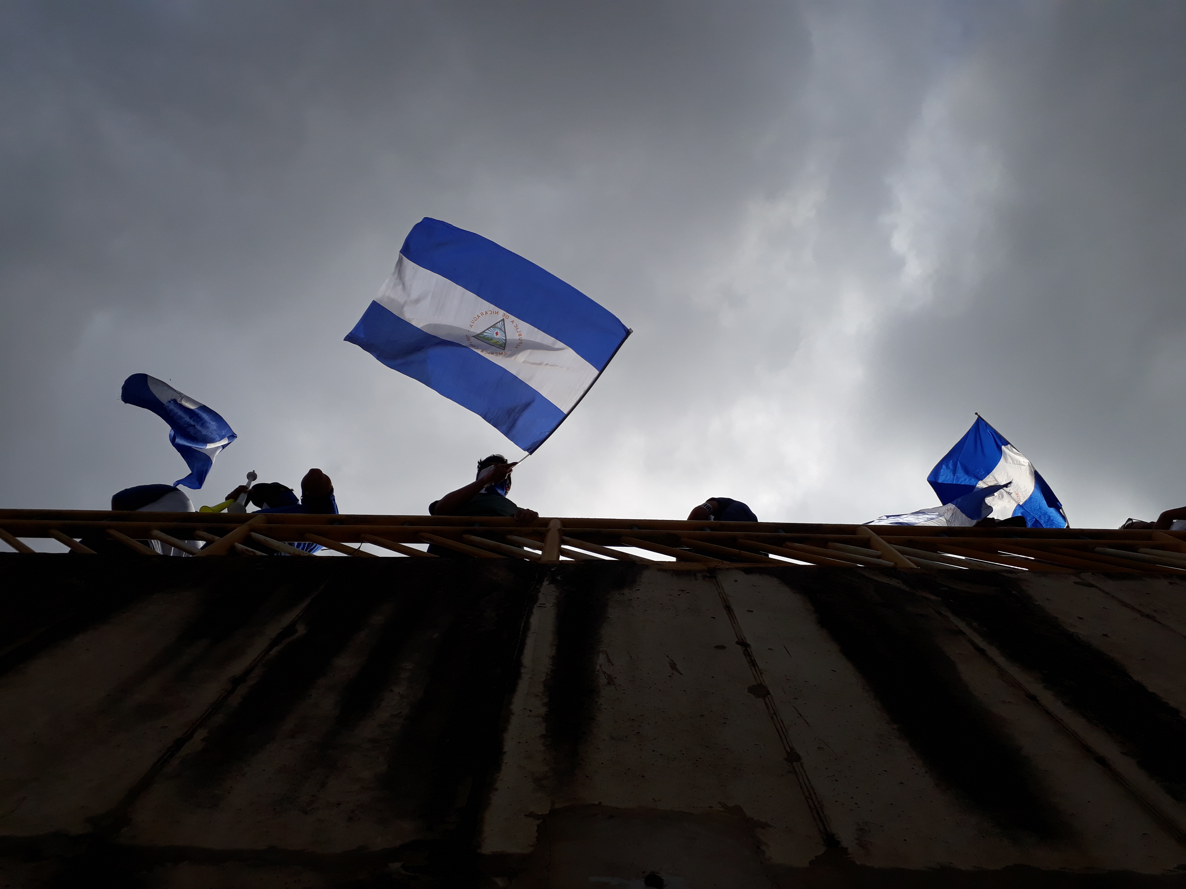 Paso a desnivel de la Centroamérica. Ciudadanos autoconvocados alzan sus banderas durante la marcha: Despierta Nicaragua.